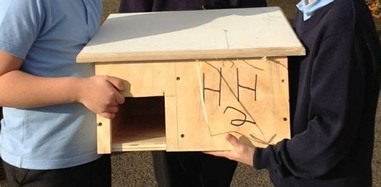 School children with hedgehog box for placing in school grounds